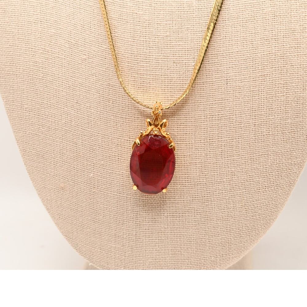 14K GP Red Glass Pendant Necklace 19" Gold Plated Removable Pendant